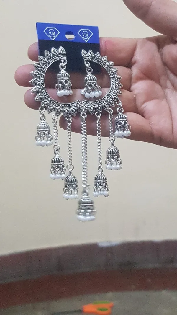 Oxidized_Silver_Chandbali_Earrings_With_Multi_Layered_Jhumka_Drops_And_Pearl_Accents