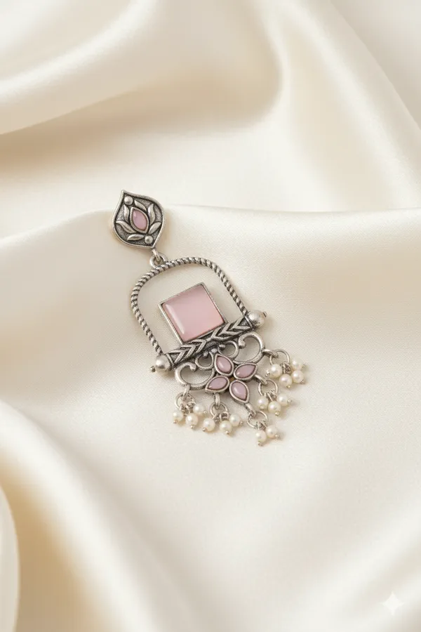 Oxidized_Silver_Lotus_Jhumka_Earrings_With_Pink_Stone_And_Pearl_Drops