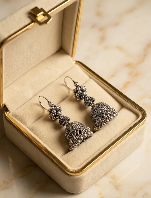 Oxidized_Silver_Jhumka_Earrings_With_Intricate_Tribal_Design