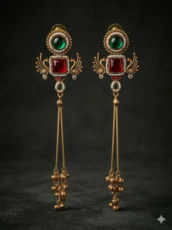 Traditional_Gold_Plated_Peacock_Design_Long_Earrings_With_Green_And_Red_Stones