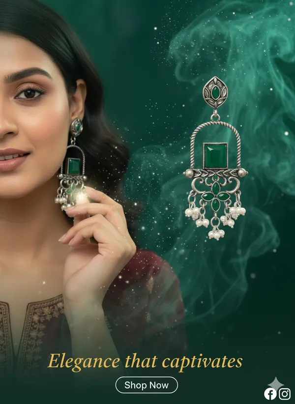 Oxidized_Silver_Toned_Green_Stone_Chandbali_Earrings_With_Pearl_Danglers