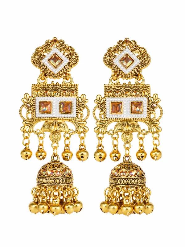 Gold_Toned_Kundan_Jhumka_Earrings_With_White_Stones