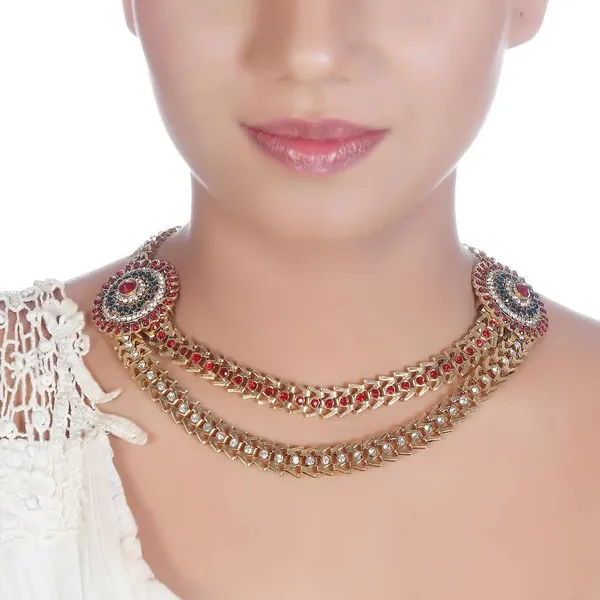 Antique_Gold_Plated_Kundan_Necklace_Set_With_Red_And_Green_Stones
