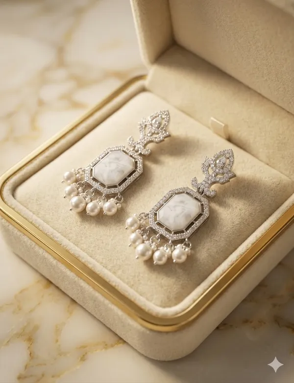 American_Diamond_Pearl_Drop_Earrings_Silver_Tone_Chandelier_Style_With_White_Stone_And_Pearl_Danglers