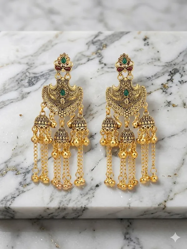 Traditional_Gold_Toned_Chandbali_Earrings_With_Green_Stones_And_Jhumka_Danglers