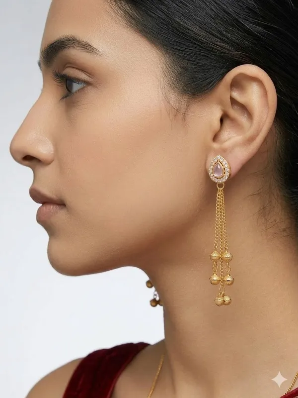 Golden_Teardrop_Crystal_Tassel_Earrings_With_Pink_Stone