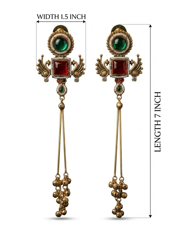 Traditional_Gold_Plated_Peacock_Design_Long_Earrings_With_Green_And_Red_Stones