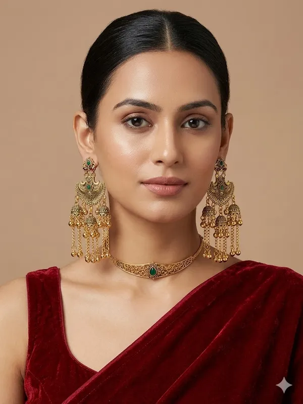 Traditional_Gold_Toned_Chandbali_Earrings_With_Green_Stones_And_Jhumka_Danglers