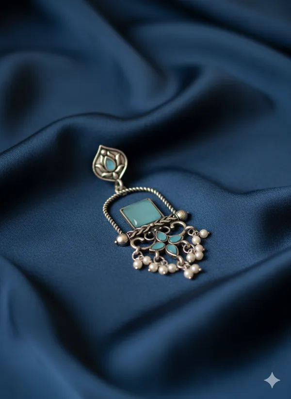 Silver_Toned_Turquoise_Stone_Oxidised_Earrings_With_Floral_Drop_Design