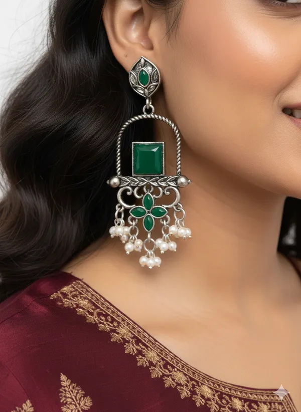 Ethnic_Silver_Toned_Green_Stone_Chandbali_Earrings_With_Pearl_Drops