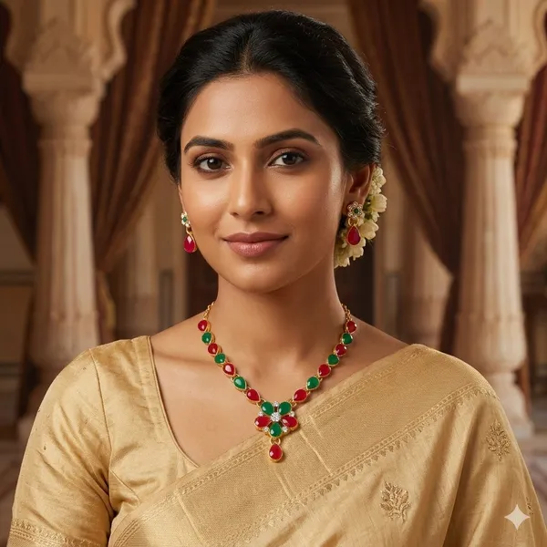 Multicolor_Navratna_Style_Necklace_Set_With_Floral_Pendant_And_Matching_Earrings