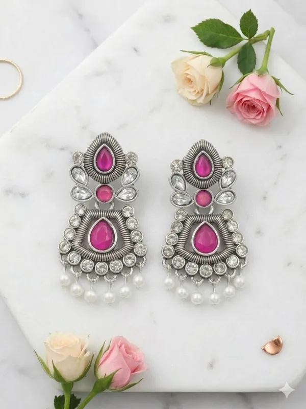 Oxidized_Silver_Pink_Stone_Chandbali_Earrings_With_Pearl_Drops