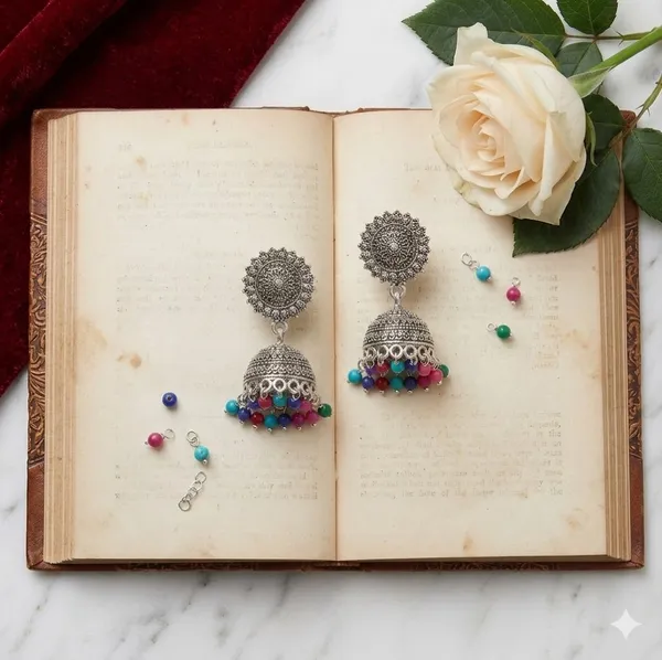 Oxidized_Silver_Jhumka_Earrings_With_Multicolor_Beads
