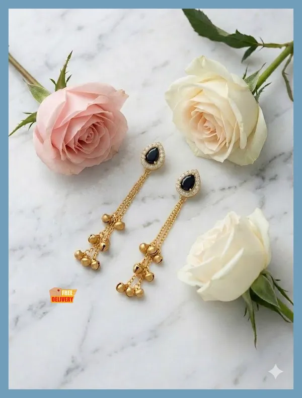 Black_Onyx_Teardrop_Dangle_Earrings_With_Golden_Bead_Chains