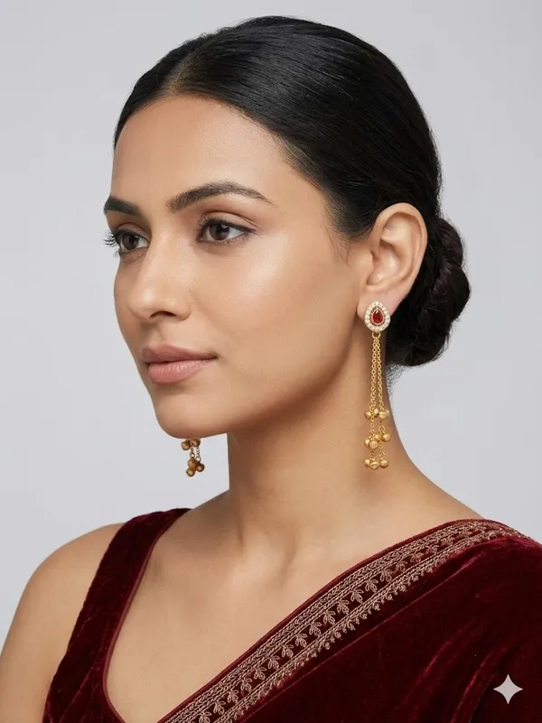 Gold_Plated_Ruby_Red_Stone_Dangling_Earrings_With_Floral_Charms