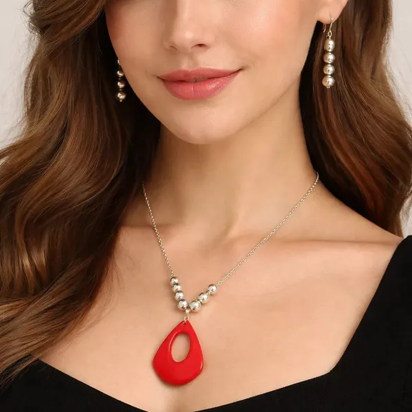 Red_Teardrop_Pendant_Necklace_With_Pearl_Beads_And_Matching_Earrings_Jewelry_Set