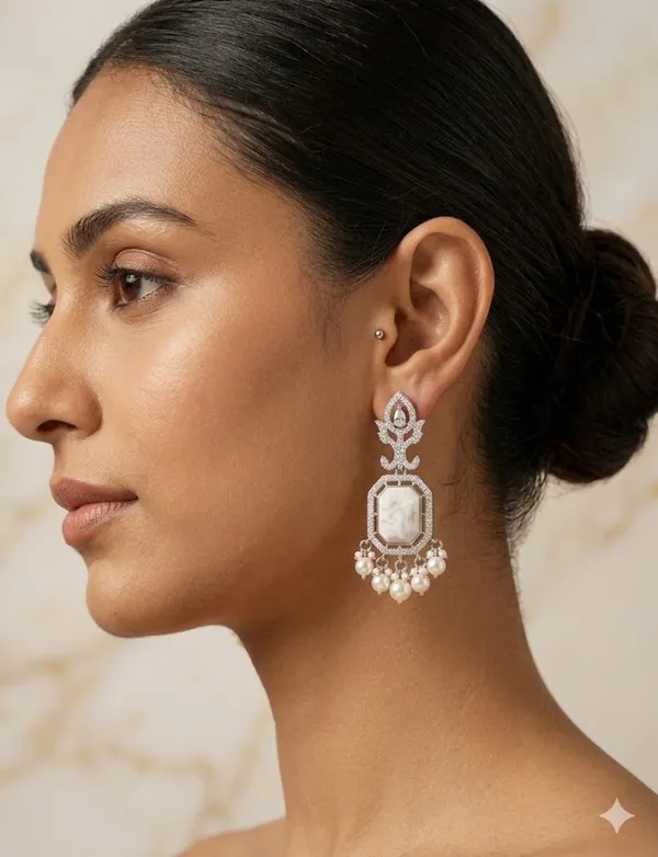 American_Diamond_Pearl_Drop_Earrings_Silver_Tone_Chandelier_Style_With_White_Stone_And_Pearl_Danglers
