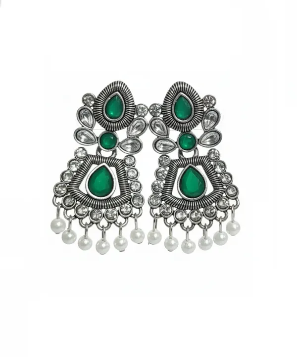 Oxidized_Silver_Green_Stone_Jhumka_Earrings_With_Pearl_Dangles