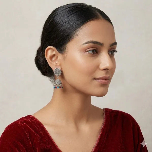 Oxidized_Silver_Jhumka_Earrings_With_Multicolor_Beads