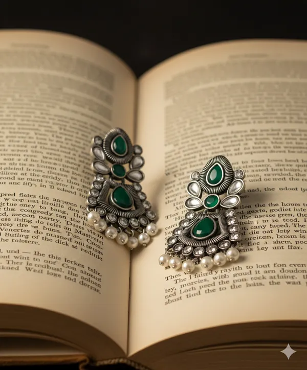 Oxidized_Silver_Green_Stone_Jhumka_Earrings_With_Pearl_Dangles