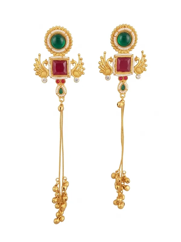 Traditional_Gold_Plated_Peacock_Design_Long_Earrings_With_Green_And_Red_Stones