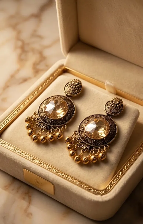Antique_Gold_Plated_Chandbali_Earrings_With_Champagne_Crystal_Stone_And_Golden_Beads