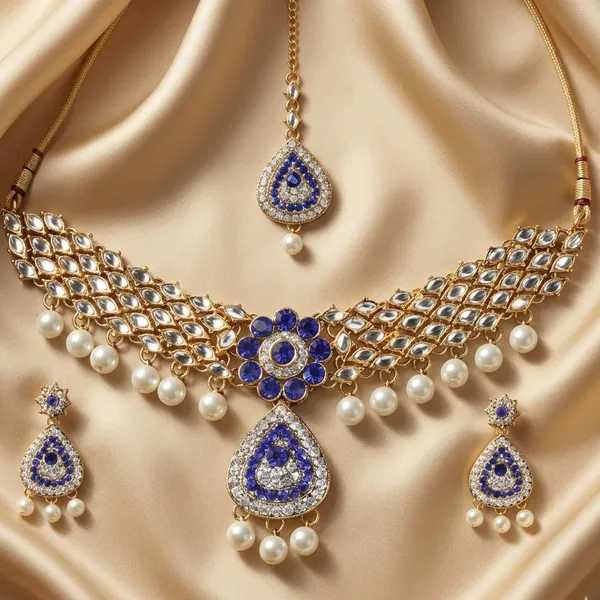 Traditional_Blue_Stone_Kundan_Choker_Necklace_Set_With_Maang_Tikka_And_Earrings