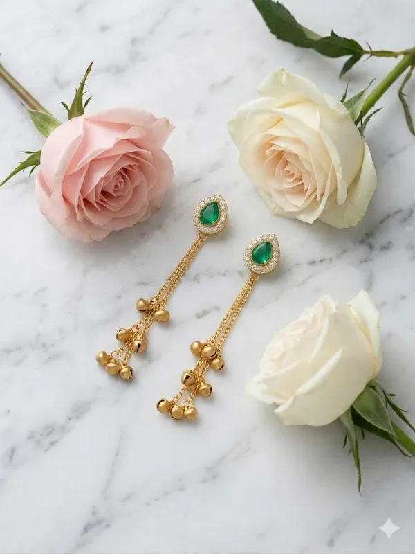 Elegant_Green_Stone_Drop_Earrings_With_Golden_Bead_Chain