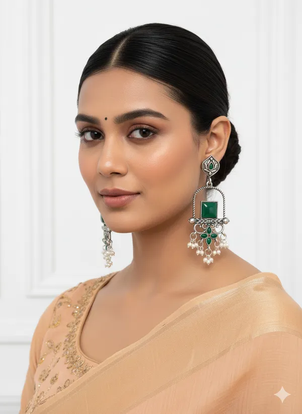 Ethnic_Silver_Toned_Green_Stone_Chandbali_Earrings_With_Pearl_Drops