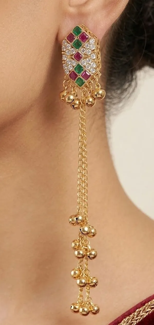 Traditional_Gold_Toned_Kundan_Style_Long_Chain_Earrings_With_Green_And_Pink_Stones