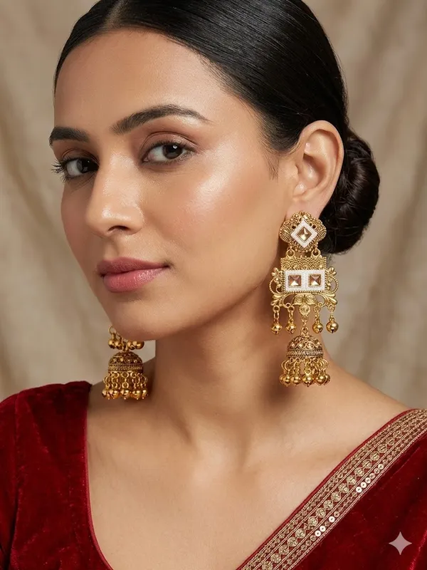 Gold_Toned_Kundan_Jhumka_Earrings_With_White_Stones