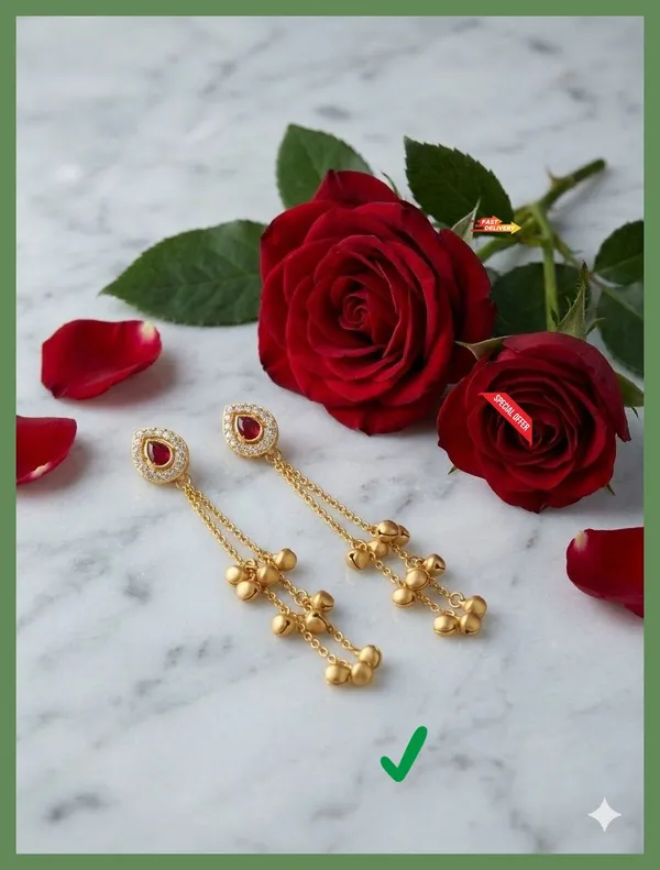 Gold_Plated_Ruby_Red_Stone_Dangling_Earrings_With_Floral_Charms
