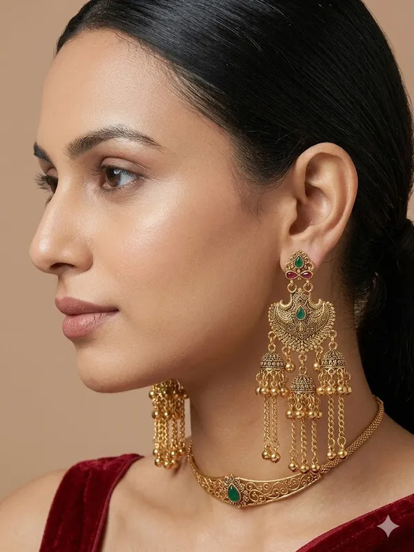 Traditional_Gold_Toned_Chandbali_Earrings_With_Green_Stones_And_Jhumka_Danglers