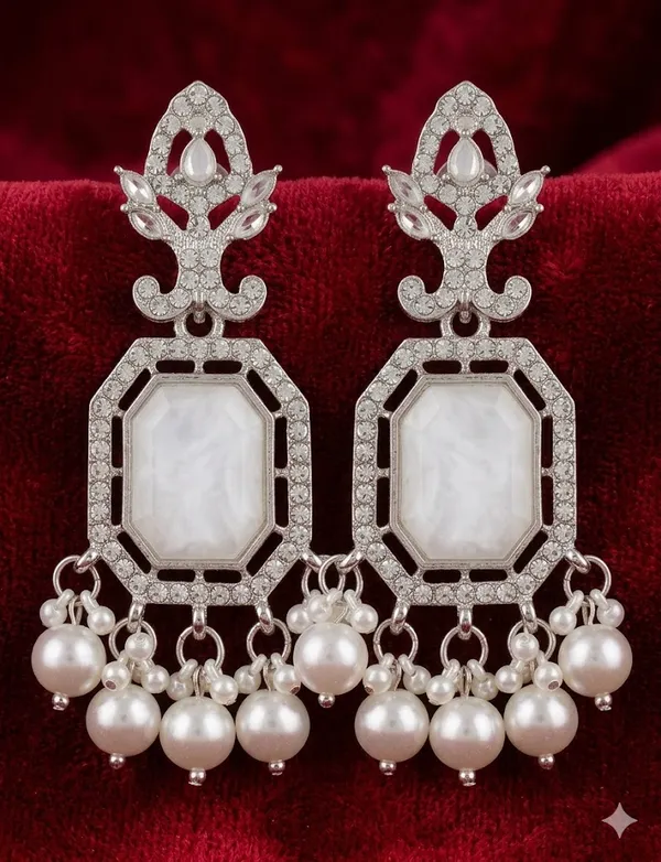 American_Diamond_Pearl_Drop_Earrings_Silver_Tone_Chandelier_Style_With_White_Stone_And_Pearl_Danglers