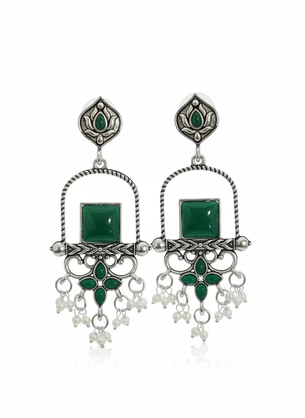 Oxidized_Silver_Toned_Green_Stone_Chandbali_Earrings_With_Pearl_Danglers