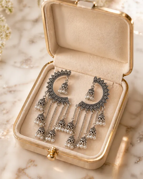 Oxidized_Silver_Chandbali_Earrings_With_Multi_Layered_Jhumka_Drops_And_Pearl_Accents