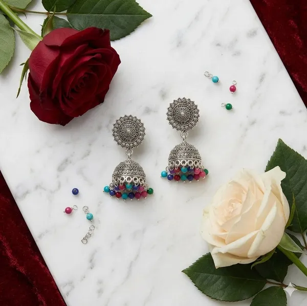 Oxidized_Silver_Jhumka_Earrings_With_Multicolor_Bead_Danglers