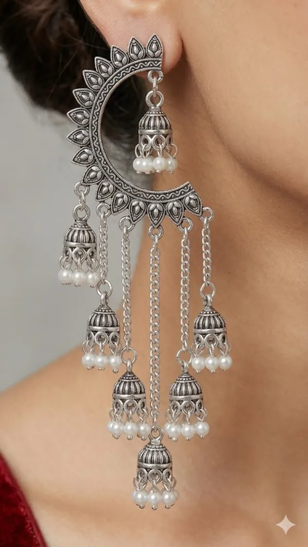 Oxidized_Silver_Chandbali_Earrings_With_Multi_Layered_Jhumka_Drops_And_Pearl_Accents