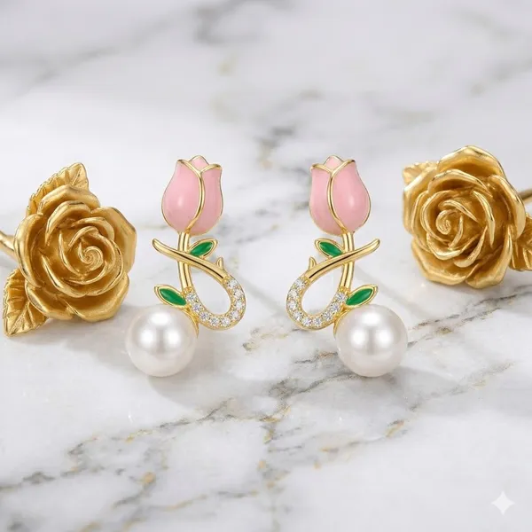 Elegant_Pearl_Drop_Floral_Earrings_With_Pink_Tulip_And_Gold_Rose_Design