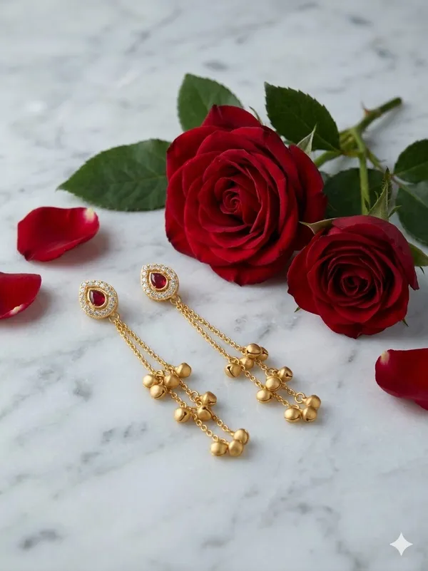 Gold_Plated_Ruby_Red_Stone_Dangling_Earrings_With_Floral_Charms