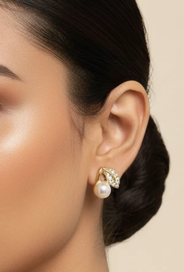 Pearl_And_Crystal_Leaf_Stud_Earrings_Gold_Tone