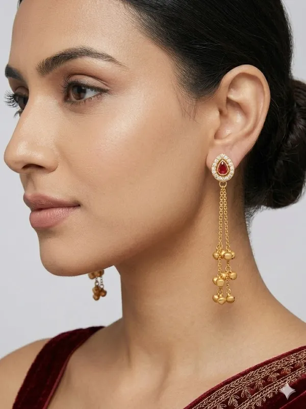 Gold_Plated_Ruby_Red_Stone_Dangling_Earrings_With_Floral_Charms