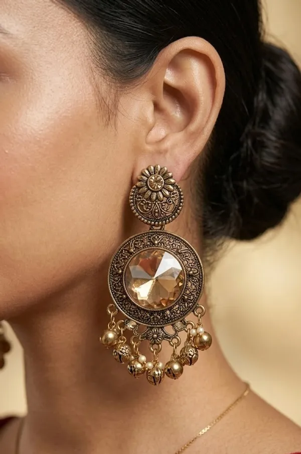 Antique_Gold_Plated_Chandbali_Earrings_With_Champagne_Crystal_Stone_And_Golden_Beads