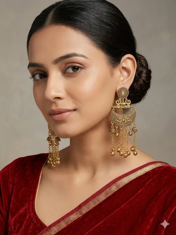 Antique_Gold_Plated_Chandbali_Earrings_With_Dangling_Beads