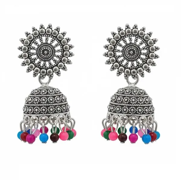 Oxidized_Silver_Jhumka_Earrings_With_Multicolor_Beads