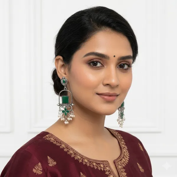 Ethnic_Silver_Toned_Green_Stone_Chandbali_Earrings_With_Pearl_Drops