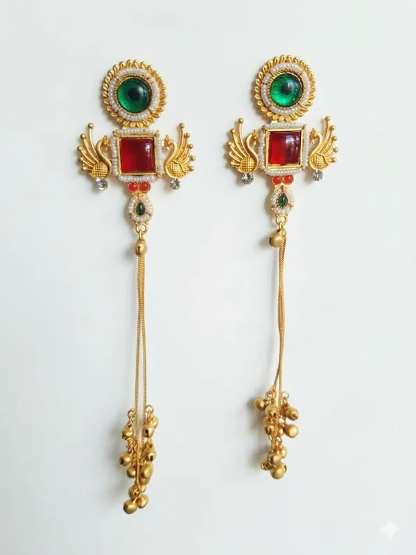 Antique_Gold_Plated_Long_Earrings_With_Green_And_Red_Gemstones