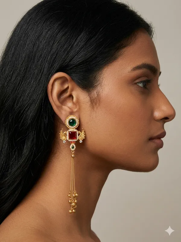 Traditional_Gold_Plated_Peacock_Design_Long_Earrings_With_Green_And_Red_Stones