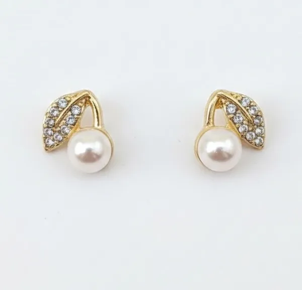 Pearl_And_Crystal_Leaf_Stud_Earrings_Gold_Tone