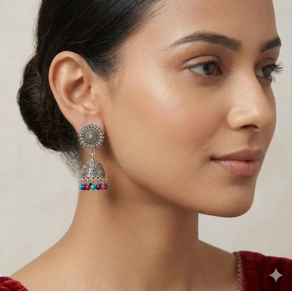 Oxidized_Silver_Jhumka_Earrings_With_Multicolor_Beads